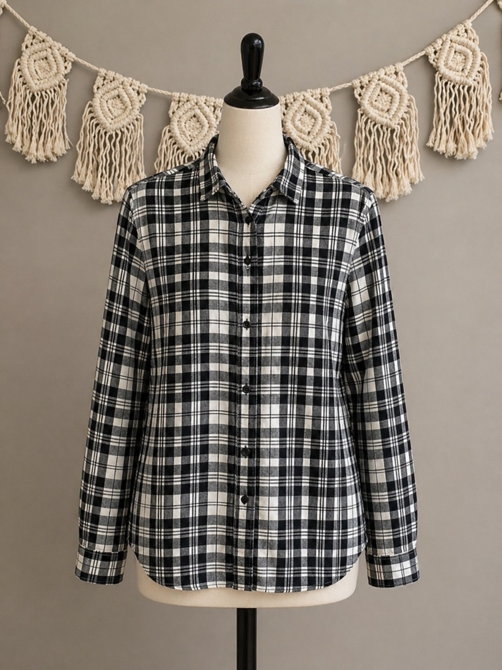 Women’s LL Bean Black and Ivory Plaid Shirt